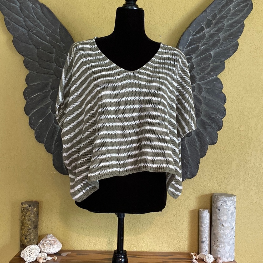 Wooden Ships Cropped Oversized Poncho Style Striped Knit V-neck Top